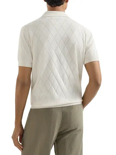 Brunello Cucinelli Men's Cotton Textured Argyle Lightweight Knit Polo Shirt - White | Thumbnail 3 Brunello Cucinelli Men's Cotton Textured Argyle Lightweight Knit Polo Shirt - White | Thumbnail 3