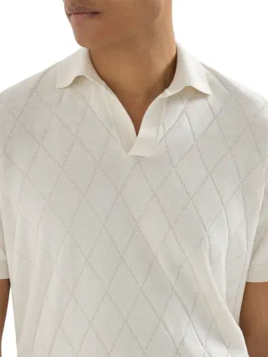 Brunello Cucinelli Men's Cotton Textured Argyle Lightweight Knit Polo Shirt - White | Thumbnail 4 Brunello Cucinelli Men's Cotton Textured Argyle Lightweight Knit Polo Shirt - White | Thumbnail 4