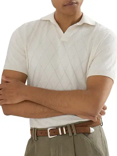 Brunello Cucinelli Men's Cotton Textured Argyle Lightweight Knit Polo Shirt - White | Thumbnail 5 Brunello Cucinelli Men's Cotton Textured Argyle Lightweight Knit Polo Shirt - White | Thumbnail 5