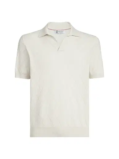 Brunello Cucinelli Men's Cotton Textured Argyle Lightweight Knit Polo Shirt - White | Thumbnail 1 Brunello Cucinelli Men's Cotton Textured Argyle Lightweight Knit Polo Shirt - White | Thumbnail 1
