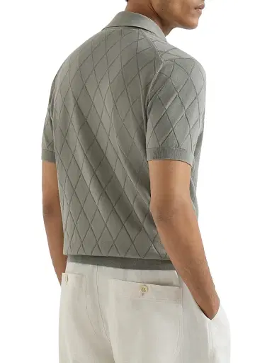 Brunello Cucinelli Men's Cotton Textured Argyle Lightweight Knit Polo Shirt - Khaki | Thumbnail 3 Brunello Cucinelli Men's Cotton Textured Argyle Lightweight Knit Polo Shirt - Khaki | Thumbnail 3
