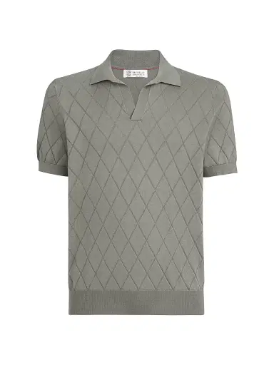 Brunello Cucinelli Men's Cotton Textured Argyle Lightweight Knit Polo Shirt - Khaki | Thumbnail 1 Brunello Cucinelli Men's Cotton Textured Argyle Lightweight Knit Polo Shirt - Khaki | Thumbnail 1
