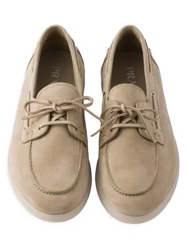 Prada Men's Suede Boat Shoes with Laces - Beige Khaki | Thumbnail 4 Prada Men's Suede Boat Shoes with Laces - Beige Khaki | Thumbnail 4