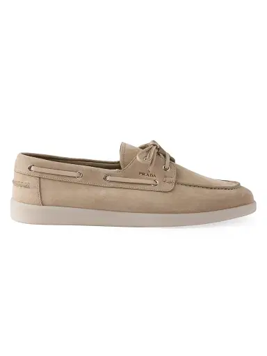 Prada Men's Suede Boat Shoes with Laces - Beige Khaki | Thumbnail 1 Prada Men's Suede Boat Shoes with Laces - Beige Khaki | Thumbnail 1