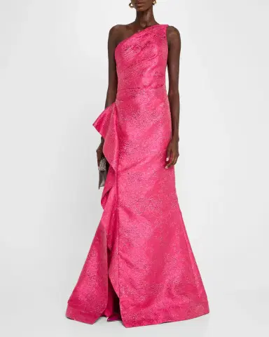 Rickie Freeman for Teri Jon One-Shoulder Metallic Jacquard Trumpet Gown | Thumbnail 2 Rickie Freeman for Teri Jon One-Shoulder Metallic Jacquard Trumpet Gown | Thumbnail 2