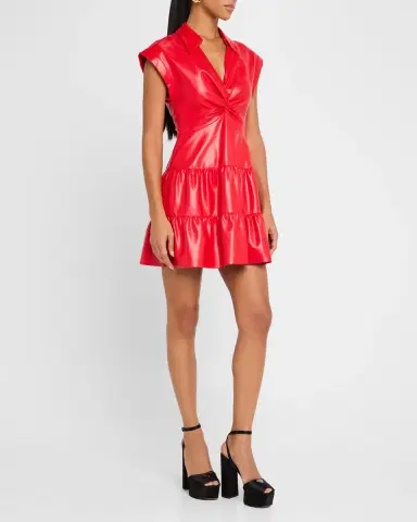 Alice + Olivia Mila Vegan Leather Deep V Twist-Front Mini Dress | Thumbnail 4 Alice + Olivia Mila Vegan Leather Deep V Twist-Front Mini Dress | Thumbnail 4