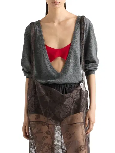 Prada Women's Cashmere V-Neck Sweater - Grey | Thumbnail 2 Prada Women's Cashmere V-Neck Sweater - Grey | Thumbnail 2