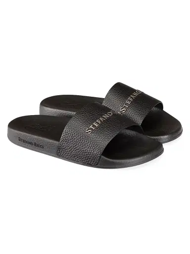Stefano Ricci Men's Calfskin Leather Slides - Black | Thumbnail 2 Stefano Ricci Men's Calfskin Leather Slides - Black | Thumbnail 2