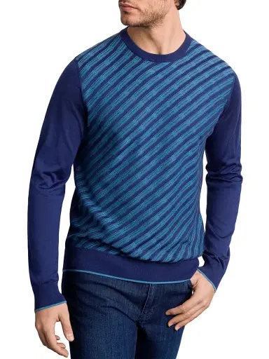 Stefano Ricci Men's Cotton and Silk Jacquard Knit Sweater - Blue Acqua | Thumbnail 2 Stefano Ricci Men's Cotton and Silk Jacquard Knit Sweater - Blue Acqua | Thumbnail 2