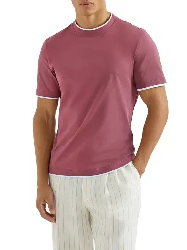 Brunello Cucinelli Men's Cotton Jersey Crew-Neck T-Shirt with Faux Layering - Coral - Size XS | Thumbnail 2 Brunello Cucinelli Men's Cotton Jersey Crew-Neck T-Shirt with Faux Layering - Coral - Size XS | Thumbnail 2