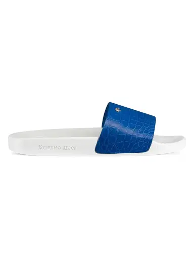 Stefano Ricci Men's Matted Crocodile Leather Slides - Medium Blue | Thumbnail 1 Stefano Ricci Men's Matted Crocodile Leather Slides - Medium Blue | Thumbnail 1