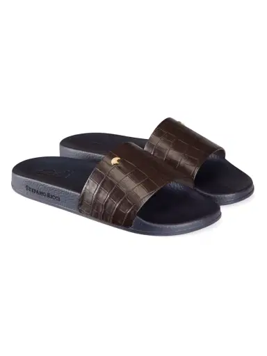 Stefano Ricci Men's Matted Crocodile Leather Slides - Dark Brown | Thumbnail 2 Stefano Ricci Men's Matted Crocodile Leather Slides - Dark Brown | Thumbnail 2
