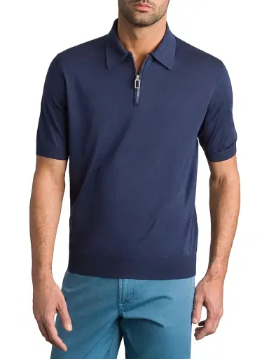 Stefano Ricci Men's Silk and Crocodile Leather Knit Zip Polo - Dark Blue - Size 44 | Thumbnail 2 Stefano Ricci Men's Silk and Crocodile Leather Knit Zip Polo - Dark Blue - Size 44 | Thumbnail 2