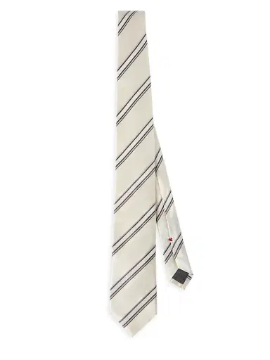 Brunello Cucinelli Men's Regimental Stripe Silk and Cotton Tie | Thumbnail 1 Brunello Cucinelli Men's Regimental Stripe Silk and Cotton Tie | Thumbnail 1