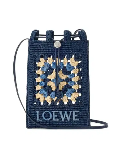 Loewe Women's x Paula's Ibiza Drawstring Crochet Raffia Pocket Pouch - Navy Sky Blue | Thumbnail 1 Loewe Women's x Paula's Ibiza Drawstring Crochet Raffia Pocket Pouch - Navy Sky Blue | Thumbnail 1