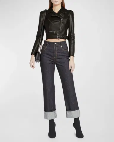 McQueen Cropped Leather Biker Jacket | Thumbnail 2 McQueen Cropped Leather Biker Jacket | Thumbnail 2