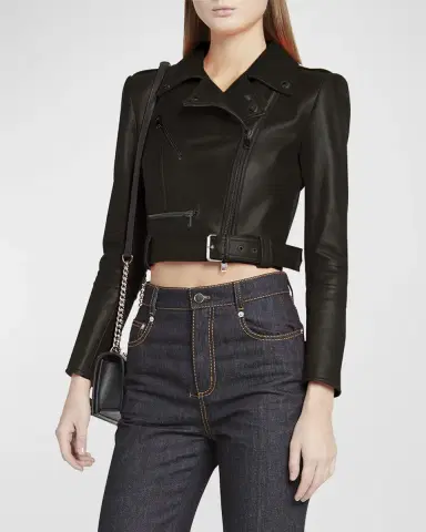 McQueen Cropped Leather Biker Jacket | Thumbnail 4 McQueen Cropped Leather Biker Jacket | Thumbnail 4