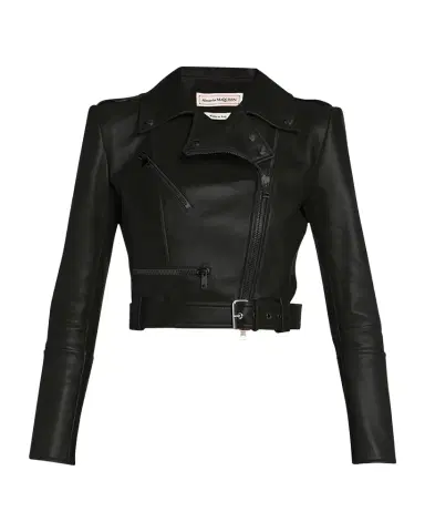 McQueen Cropped Leather Biker Jacket | Thumbnail 1 McQueen Cropped Leather Biker Jacket | Thumbnail 1