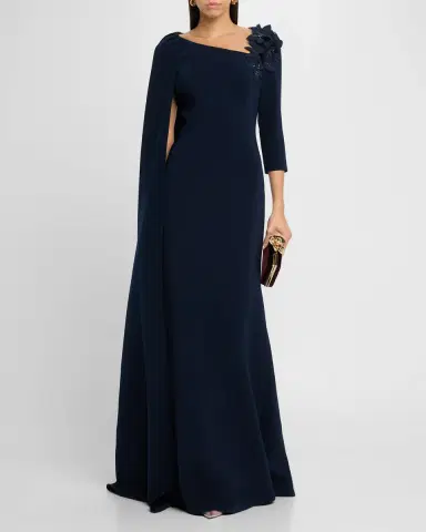 Rickie Freeman for Teri Jon Cape-Sleeve Floral Applique Trumpet Gown | Thumbnail 2 Rickie Freeman for Teri Jon Cape-Sleeve Floral Applique Trumpet Gown | Thumbnail 2