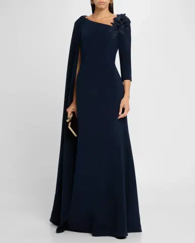 Rickie Freeman for Teri Jon Cape-Sleeve Floral Applique Trumpet Gown | Thumbnail 4 Rickie Freeman for Teri Jon Cape-Sleeve Floral Applique Trumpet Gown | Thumbnail 4