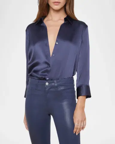 L'AGENCE Dani Silk Satin 3/4-Sleeve Button-Down Blouse | Thumbnail 3 L'AGENCE Dani Silk Satin 3/4-Sleeve Button-Down Blouse | Thumbnail 3