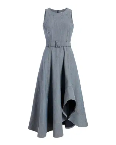 Cinq à Sept Zelda Belted Asymmetric Sleeveless Denim Midi Dress | Thumbnail 1 Cinq à Sept Zelda Belted Asymmetric Sleeveless Denim Midi Dress | Thumbnail 1