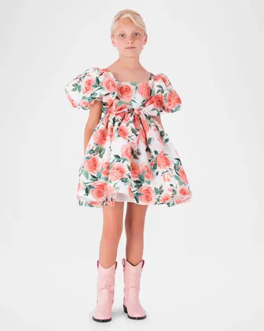 Mama Luma Girl 's Rose Balloon-Sleeve Dress, SIze 3T-12 | Thumbnail 2 Mama Luma Girl 's Rose Balloon-Sleeve Dress, SIze 3T-12 | Thumbnail 2