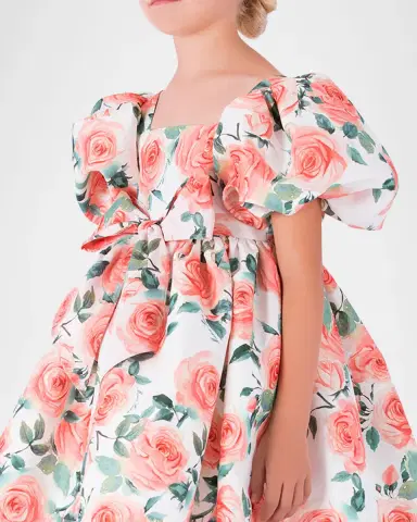 Mama Luma Girl 's Rose Balloon-Sleeve Dress, SIze 3T-12 | Thumbnail 3 Mama Luma Girl 's Rose Balloon-Sleeve Dress, SIze 3T-12 | Thumbnail 3