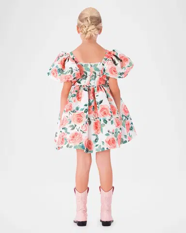 Mama Luma Girl 's Rose Balloon-Sleeve Dress, SIze 3T-12 | Thumbnail 4 Mama Luma Girl 's Rose Balloon-Sleeve Dress, SIze 3T-12 | Thumbnail 4