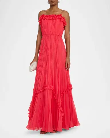 BCBGMAXAZRIA Sleeveless Pleated Ruffle-Trim Gown | Thumbnail 2 BCBGMAXAZRIA Sleeveless Pleated Ruffle-Trim Gown | Thumbnail 2