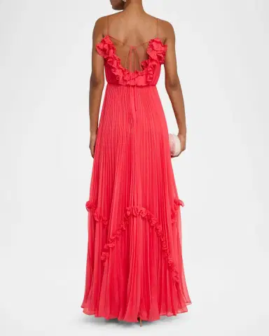 BCBGMAXAZRIA Sleeveless Pleated Ruffle-Trim Gown | Thumbnail 3 BCBGMAXAZRIA Sleeveless Pleated Ruffle-Trim Gown | Thumbnail 3