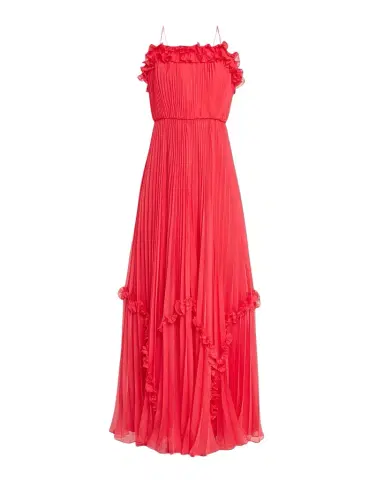 BCBGMAXAZRIA Sleeveless Pleated Ruffle-Trim Gown | Thumbnail 1 BCBGMAXAZRIA Sleeveless Pleated Ruffle-Trim Gown | Thumbnail 1