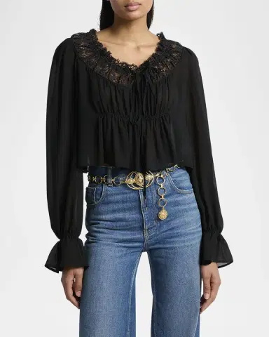 Chloe Ruched Lace Silk Peasant Blouse | Thumbnail 4 Chloe Ruched Lace Silk Peasant Blouse | Thumbnail 4