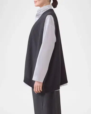 Eskandar Plain Cashmere A-Line Sleeveless V-Neck Cardigan (Mid Plus Length) | Thumbnail 5 Eskandar Plain Cashmere A-Line Sleeveless V-Neck Cardigan (Mid Plus Length) | Thumbnail 5