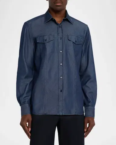 Stefano Ricci Men's Cotton and Silk Denim Button-Down Shirt | Thumbnail 4 Stefano Ricci Men's Cotton and Silk Denim Button-Down Shirt | Thumbnail 4
