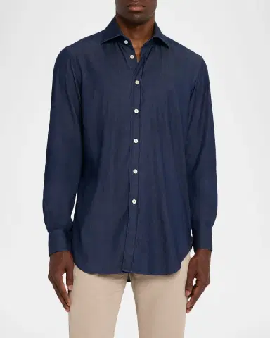 Kiton Men 's Denim Wash Classic-Fit Button-Down Shirt | Thumbnail 3 Kiton Men 's Denim Wash Classic-Fit Button-Down Shirt | Thumbnail 3