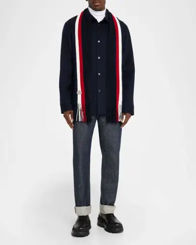 Moncler Men's Wool Tricolor Stripe Fringe Scarf | Thumbnail 2 Moncler Men's Wool Tricolor Stripe Fringe Scarf | Thumbnail 2