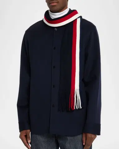 Moncler Men's Wool Tricolor Stripe Fringe Scarf | Thumbnail 3 Moncler Men's Wool Tricolor Stripe Fringe Scarf | Thumbnail 3