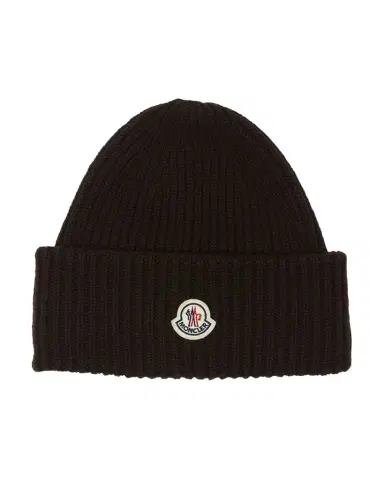 Moncler Men's Cashmere and Wool Rib Logo Beanie Hat | Thumbnail 1 Moncler Men's Cashmere and Wool Rib Logo Beanie Hat | Thumbnail 1