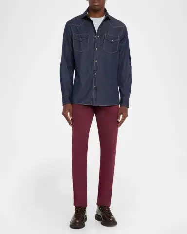 Brunello Cucinelli Men 's Denim Snap-Front Western Shirt | Thumbnail 2 Brunello Cucinelli Men 's Denim Snap-Front Western Shirt | Thumbnail 2