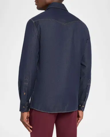 Brunello Cucinelli Men 's Denim Snap-Front Western Shirt | Thumbnail 3 Brunello Cucinelli Men 's Denim Snap-Front Western Shirt | Thumbnail 3