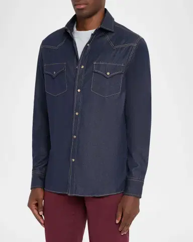Brunello Cucinelli Men 's Denim Snap-Front Western Shirt | Thumbnail 4 Brunello Cucinelli Men 's Denim Snap-Front Western Shirt | Thumbnail 4
