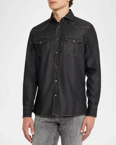 Brunello Cucinelli Mens Lightweight Denim Western Shirt | Thumbnail 4 Brunello Cucinelli Mens Lightweight Denim Western Shirt | Thumbnail 4