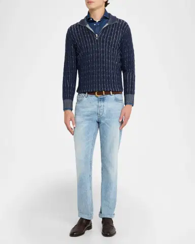 Brunello Cucinelli Men's Denim Spread Collar Button-Down Shirt | Thumbnail 2 Brunello Cucinelli Men's Denim Spread Collar Button-Down Shirt | Thumbnail 2