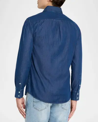 Brunello Cucinelli Men's Denim Spread Collar Button-Down Shirt | Thumbnail 3 Brunello Cucinelli Men's Denim Spread Collar Button-Down Shirt | Thumbnail 3