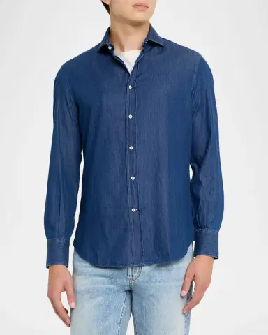 Brunello Cucinelli Men's Denim Spread Collar Button-Down Shirt | Thumbnail 4 Brunello Cucinelli Men's Denim Spread Collar Button-Down Shirt | Thumbnail 4