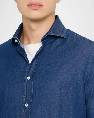 Brunello Cucinelli Men's Denim Spread Collar Button-Down Shirt | Thumbnail 5 Brunello Cucinelli Men's Denim Spread Collar Button-Down Shirt | Thumbnail 5