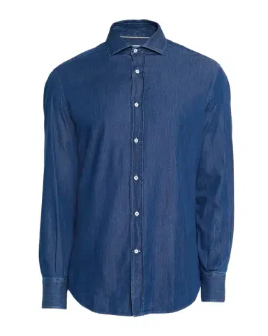 Brunello Cucinelli Men's Denim Spread Collar Button-Down Shirt | Thumbnail 1 Brunello Cucinelli Men's Denim Spread Collar Button-Down Shirt | Thumbnail 1