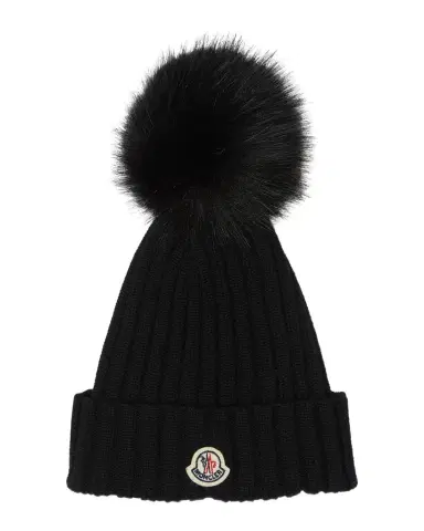 Moncler Wool Beanie with Faux Fur Pom | Thumbnail 1 Moncler Wool Beanie with Faux Fur Pom | Thumbnail 1