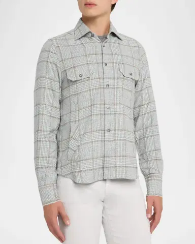 Kiton Men 's Wool-Blend Plaid Overshirt with Pockets | Thumbnail 4 Kiton Men 's Wool-Blend Plaid Overshirt with Pockets | Thumbnail 4